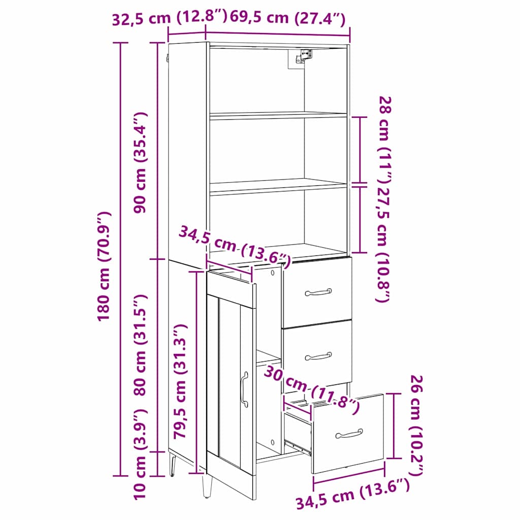 Highboard Artisan Oak 69.5 x 34 x 180 cm Engineered Wood