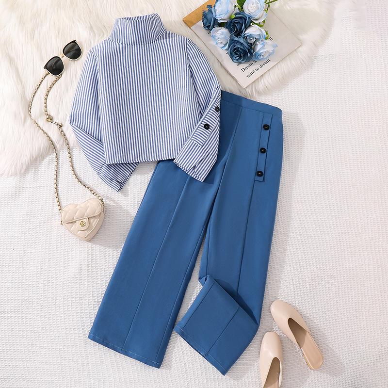 

Девочка Осень Новая Мода Повседневный Полосатый Однобортный Топ с Длинным Рукавом + Брюки Широкие от Бедра Детский Комплект из 2 Предметов 12Y синий