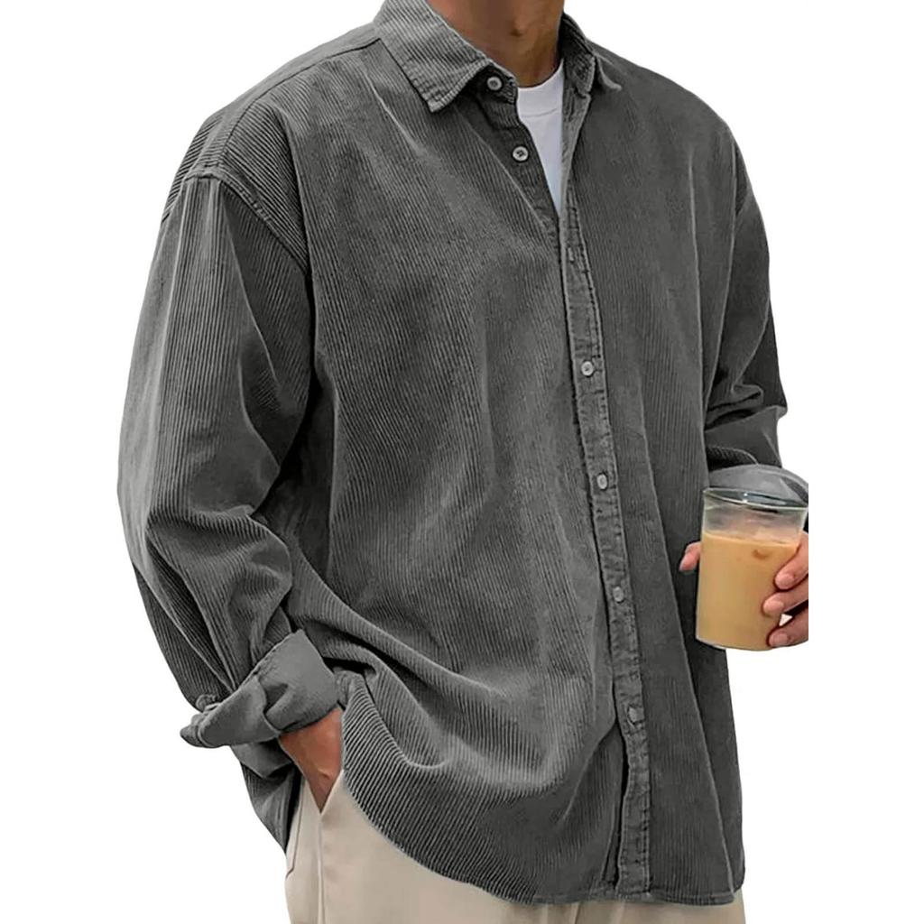 Men's Casual -color Corduroy Button Shirt, Men's Long-sleeved Trendy Loose Square-neck Thick Shirt