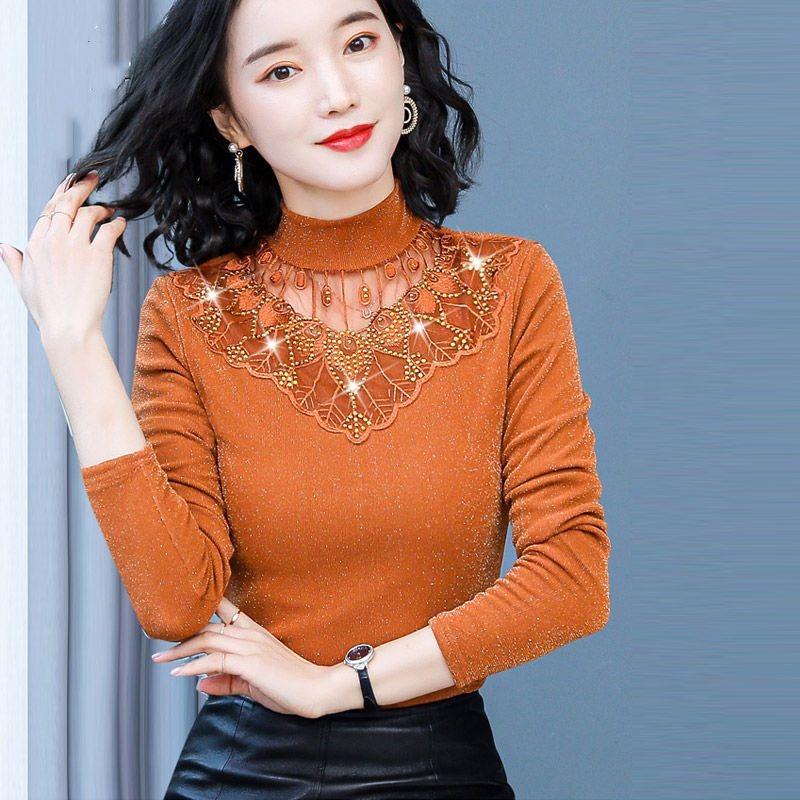 Women Bottom Lace Mesh Diamonds Blouse Autumn Winter Slender Warm Long Sleeves Shirt Elegant Vintage Solid Hollow Out Tops