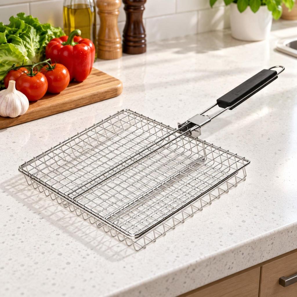 Square Grill Basket with Long Handle Electroplated Carbon Steel Folding Foldable