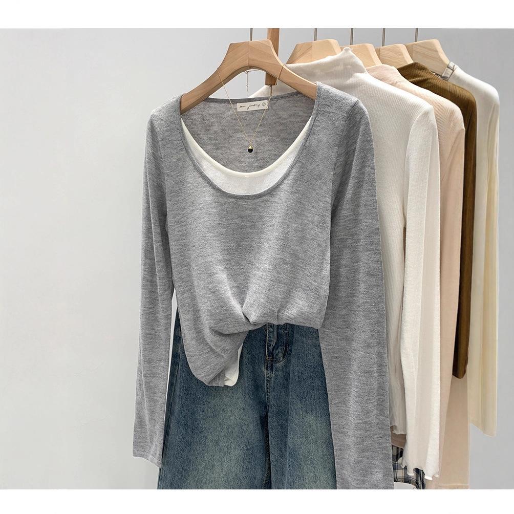 Two Large-sized Early Autumn Color-blocking Fake Long-sleeved Base Shirts for Women's Versatile Layering T-shirt Tops