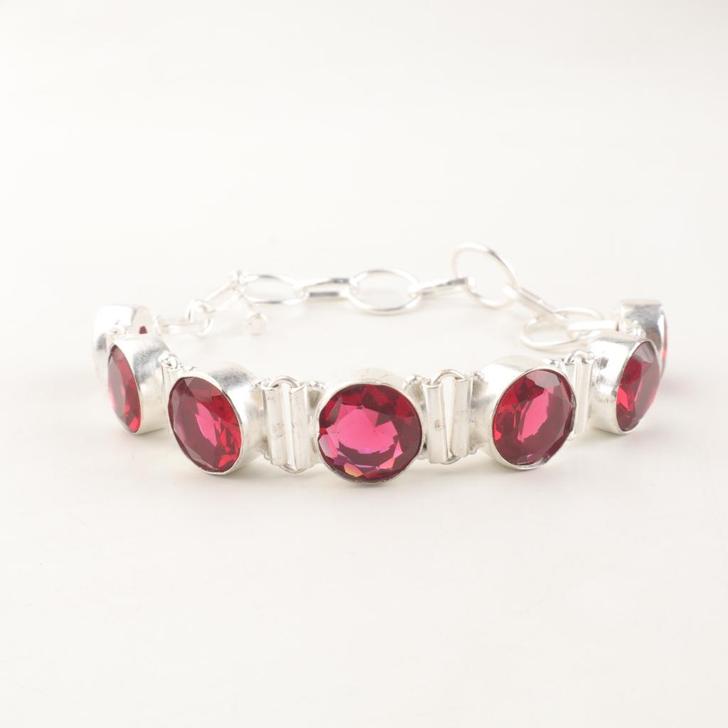 Natural Pink Rubellite Gemstone Handmade 925 Sterling Silver Jewelry Bracelet 9" RB-7-7