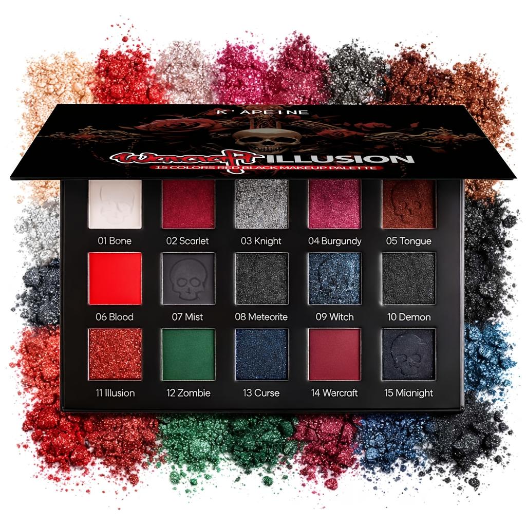 15 Barev Gotická Matná Třpytivá Paletka Stínů na Oči Tmavá Punk Halloween Červená Černá Oční Make-up