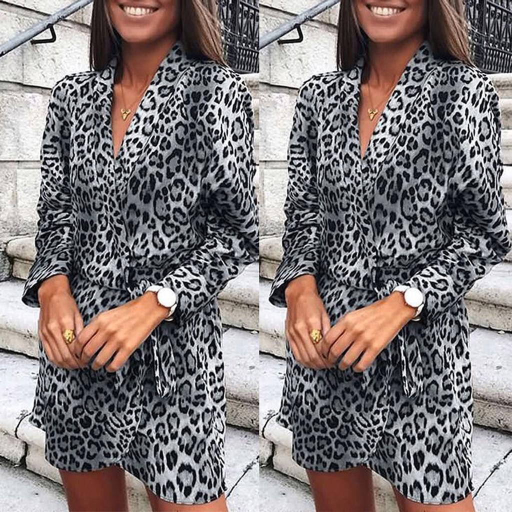 Women Slim Long Sleeve Leopard Printing V-Neck Bandage Irregular Dress