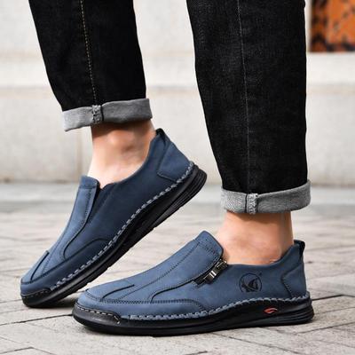 2025 Men's Plus Size Summer Leather Loafers: Hand-Stitched Low-Top Skate Style