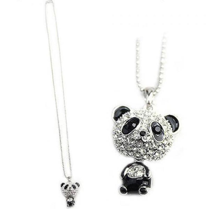 Women Fashion Lovely Rhinestone Panda Pendant Beaded Long Sweater Chain Necklace