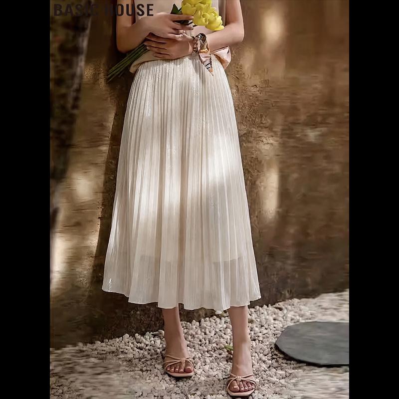 Basic House Women s Apricot Mesh High-Waist Pleated Skirt XL