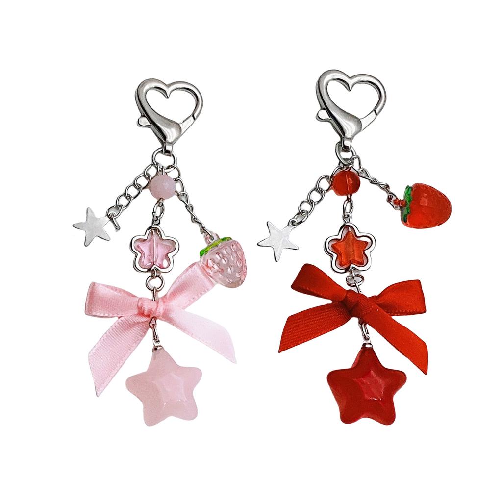 Strawberry Keychain Charm Multifuntional Bowknot and Star Bag Charm Key Accessory Suitable for Keys and Fashion Bags