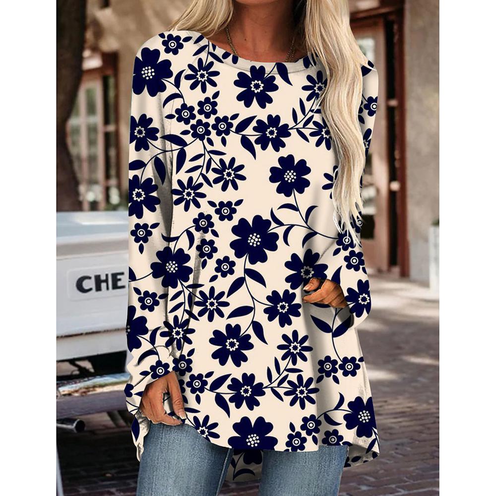 2023 Langarm-Damen-Oberteile, Blumen-Thema, 3D-Druck-T-Shirts, Rundhalsausschnitt, lässige Damen-Tagespullover-T-Shirts, elegante Oberteile