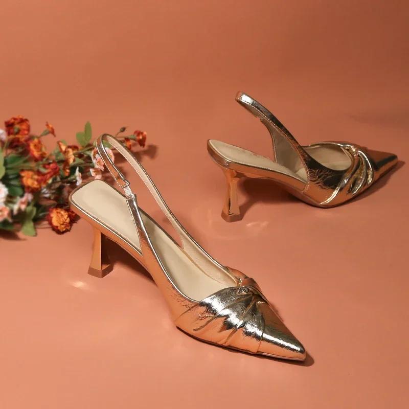 Golden Pleated Sexy Women's Sandals Pointed High Heeled Fashion Banquet High Heeled Sandals High Heeled Women's Shoes