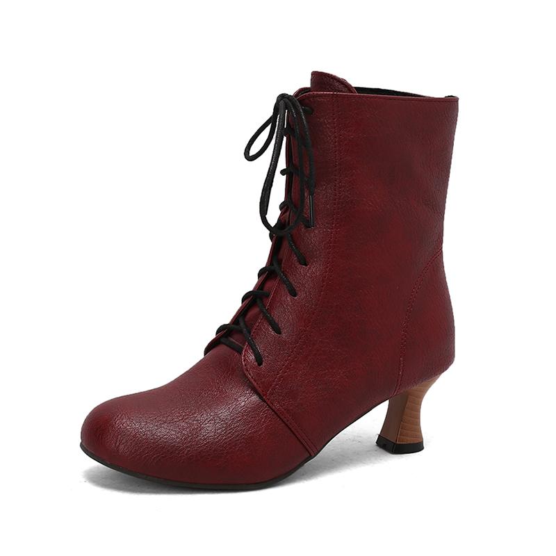 Fashion Autumn New Lace Up Ladies High Heel Shoes Strange Steampunk Boot Victorian Ankle Boots Women Pointed Toe Thick Soled Short Boots