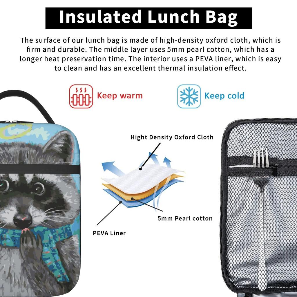 Liten tvättbjörn äter cupcake lunchväska rolig matlåda för flickor pojkar isolerad lunchväska för skola picknick matväska en storlek