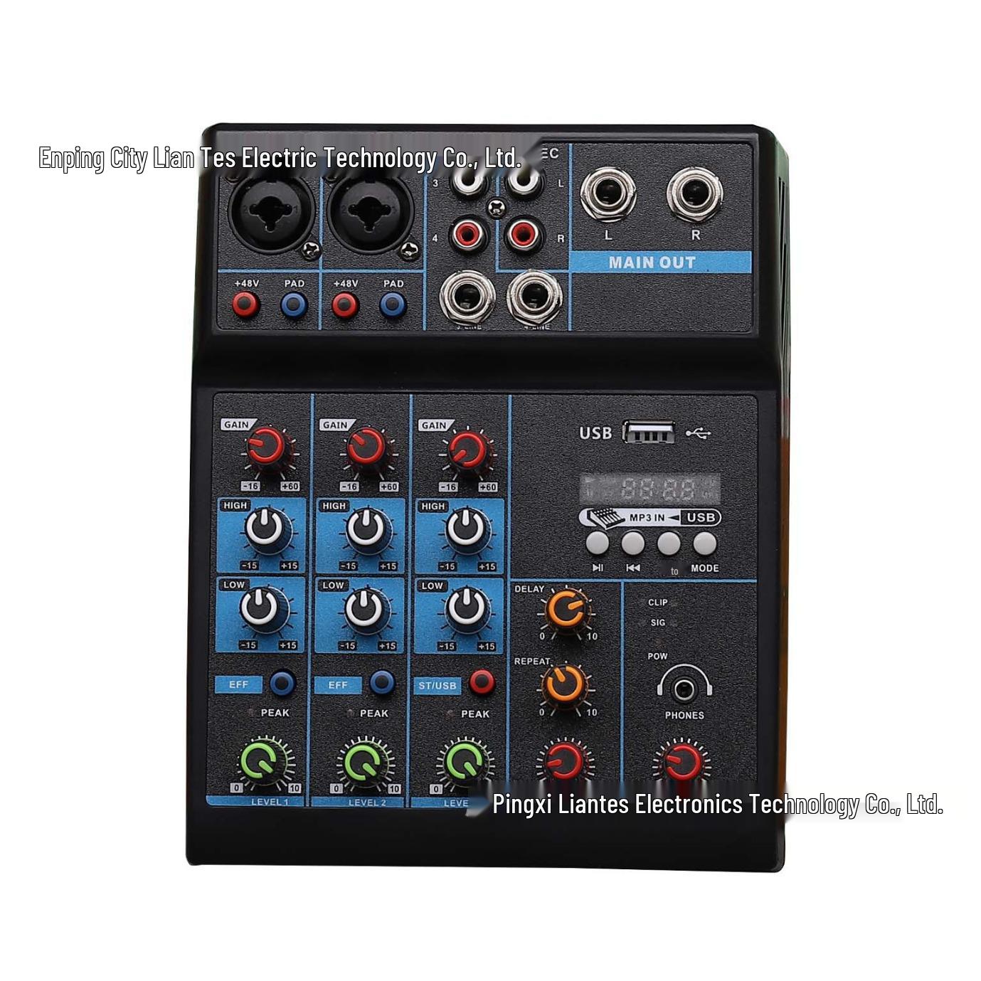 

4-Channel USB DJ Mixer with Sound Card, Bluetooth, Effects Processor, and Monitoring.