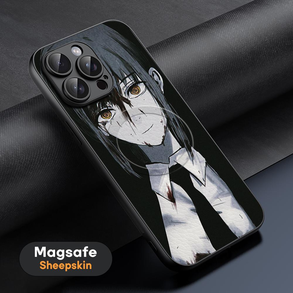 Makima X mitaka asa Chainsaw Phone Case For iPhone 16 15 14 13 12 11 Plus Pro Max  High-end Luxury Magsafe Sheepskin