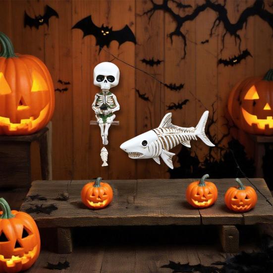 Wall Skeleton Statue Fishing Human Skeleton Figurine with Shark Gothic