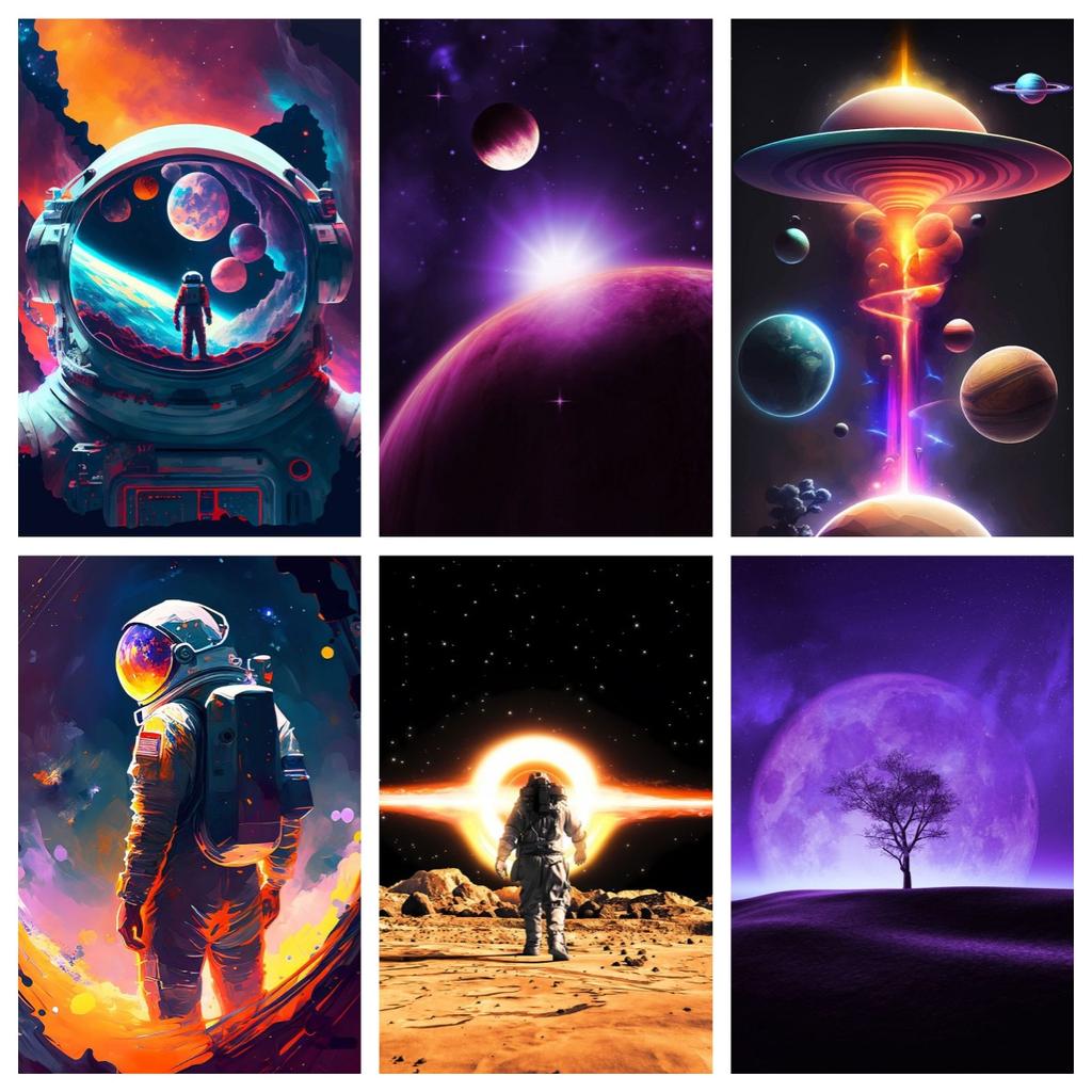 Poster și Print Astronaut Colorat în Spațiu Explorând Luna Pictură pe Pânză Planete Artă de Perete Modernă Pentru Living Decor Acasă