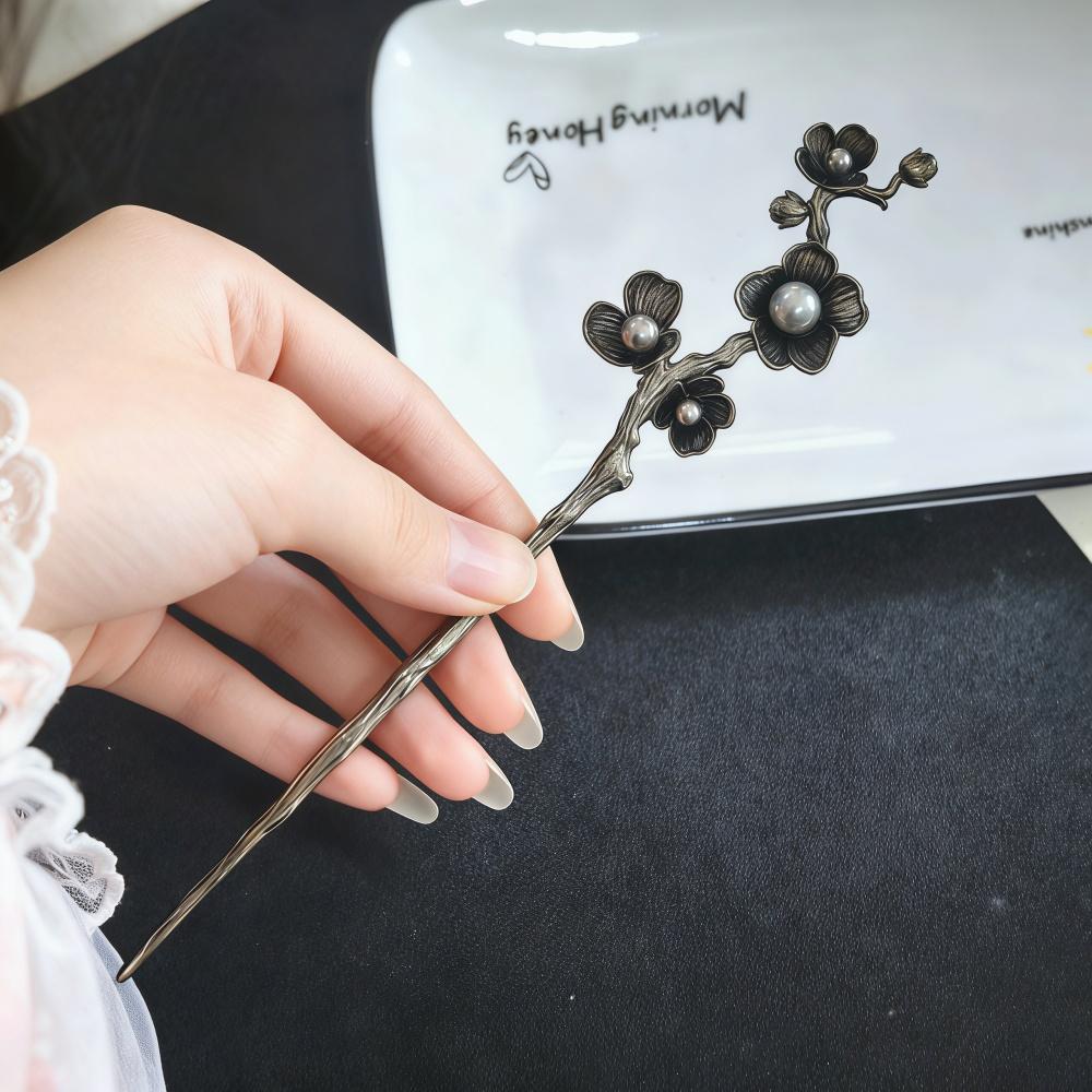 Modern Metal Hair Stick Ink Flower Metal Tassel Hairpin Forks For Women Black Beads Hair Clasp New Chinese Hanfu Hair Jewelry