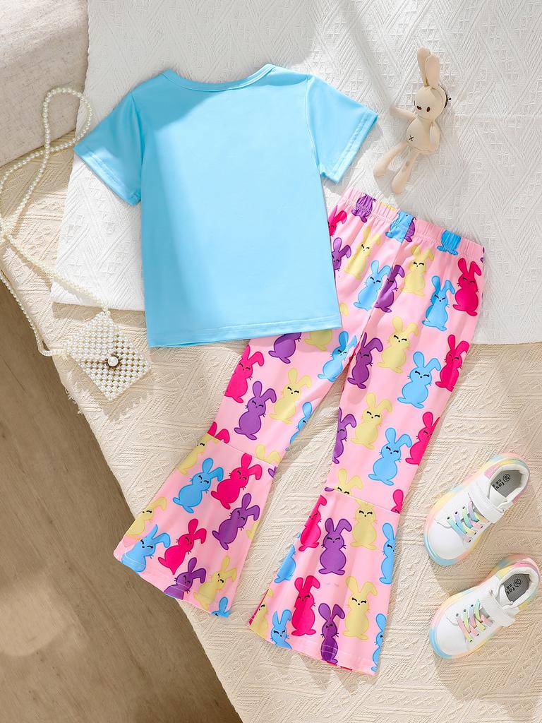 Casual and Simple Summer Flared Pants Set Girls' Colorful Rabbit Print Top + Elastic Colorful Rabbit All-Over Print Set