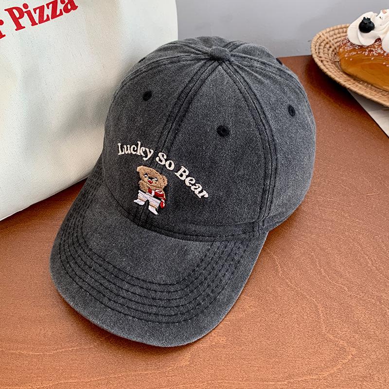 

Vintage Bear Denim Baseball Cap For Women Stylish Distressed Soft Hat Top Black