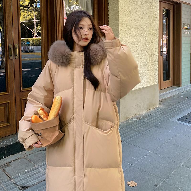 Loose Hooded Large Wool Collar Cotton Coat for Women In Winter Extended Waist Down Cotton Jacket Over Knee Cold Protection Jacket