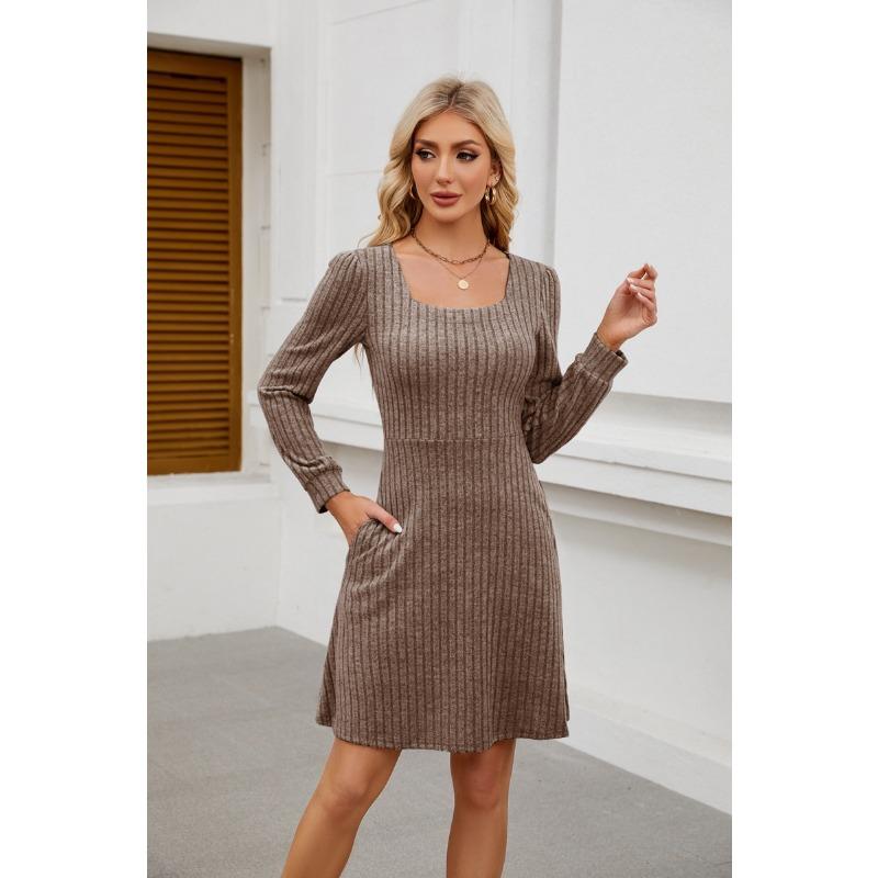 Summer New Product Square Neckline Bag Knitted Sweater Long-sleeved Casual Dress Female YDJR6666
