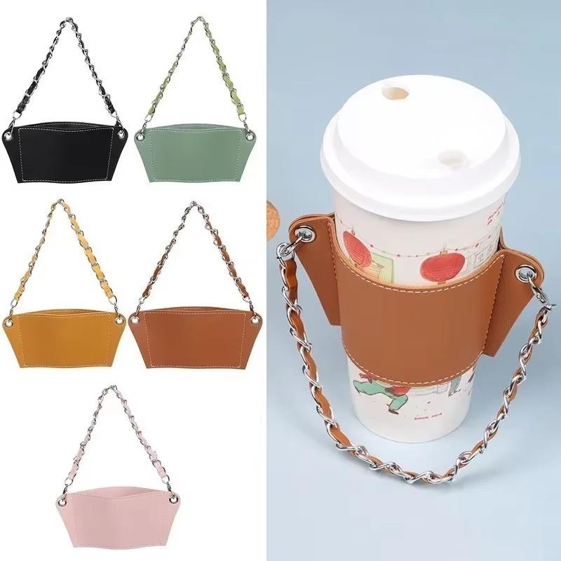 Coffee Cup Cover Chain Portable Pu Leather Drink Soda Bag Hanging Portable Heat Insulation and Ironing Cup-Cover