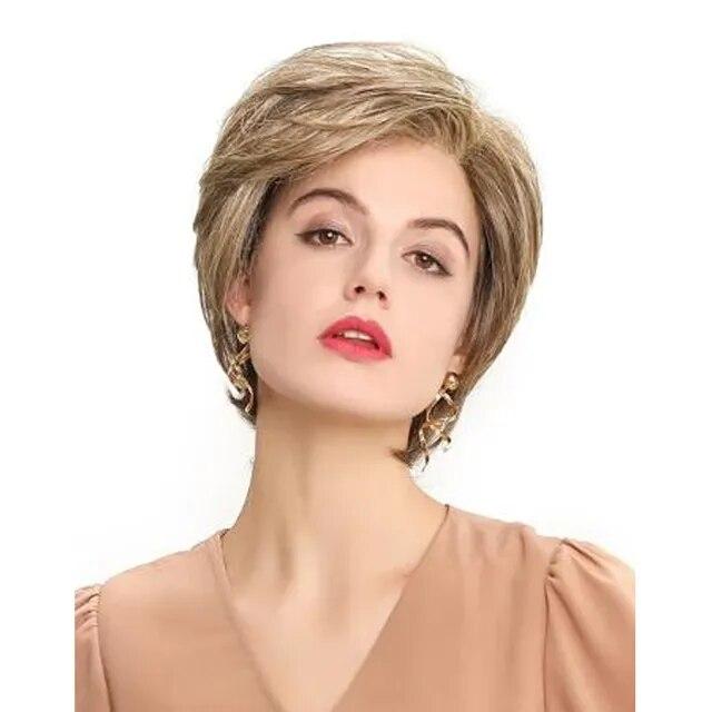 Women Straight Bangs Style Pixie Cut Synthetic Hair Wig Brown Mixed Short Wigs Machine Made