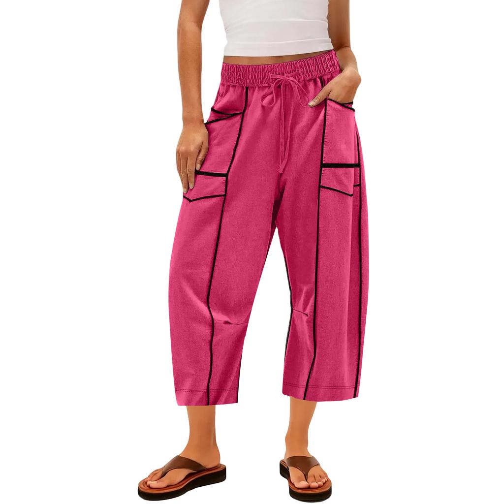 Ladies' Wide Leg Pants, High Waisted Straight Leg Pants, Spliced Pockets, Casual Cropped Pants