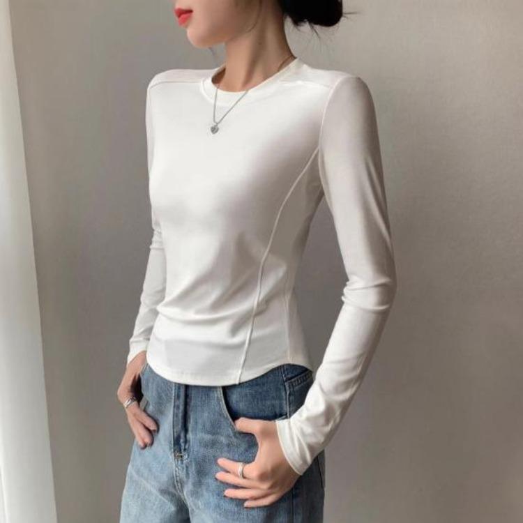 Soft Elastic Pullover Tops Women Long Sleeve Round Neck Slim Fit Base Shirt Solid Color Daily Wear Tops