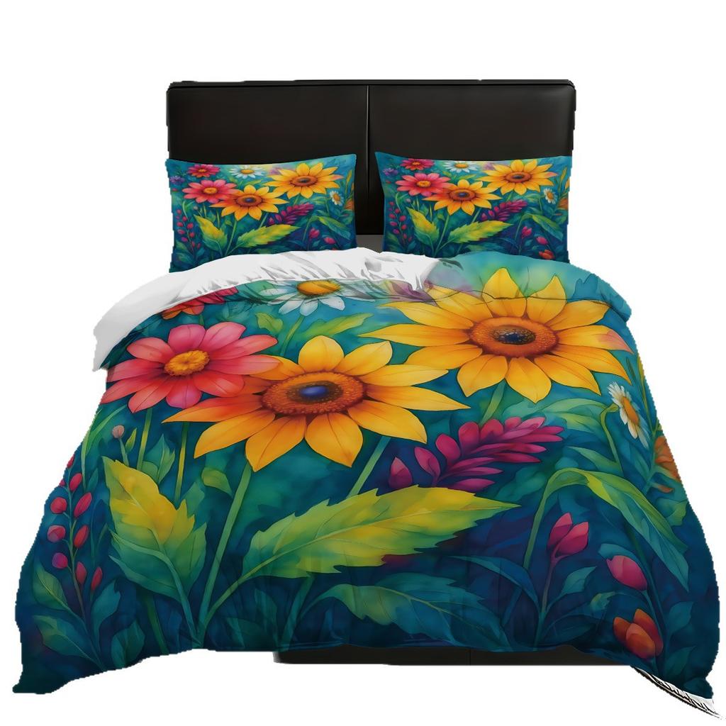 Dreiteilige Sonnenblumen-Bettwäsche mit Sandfinish, Blumendeckenbezug, Digitaldruck-Bettwäscheset