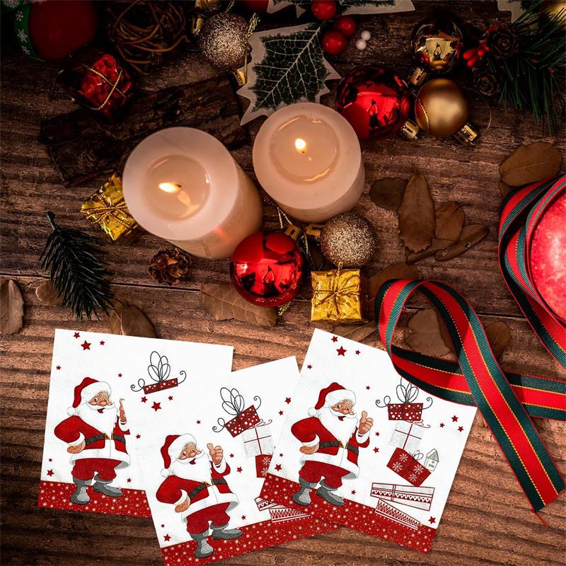 20/40/60Pcs Santa Claus Printed Paper Napkins 33x33cm 2Ply White Christmas Tableware For Party Dining Decoration Placemat