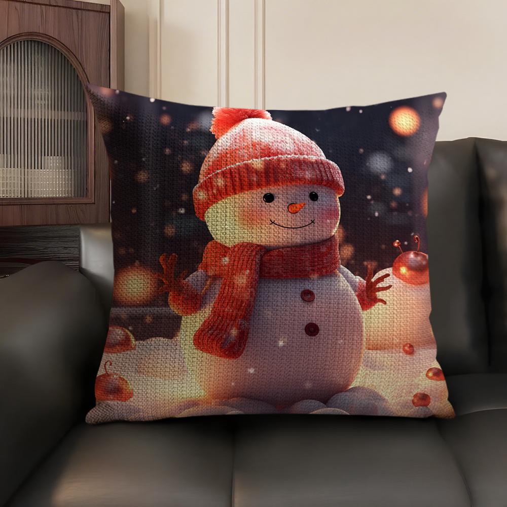Cute Cartoon Winter Snowman Cushion Cover Natural Linen Organic Fabric DoubleSided Printing Sofa Home Decor Gift Pillow Case