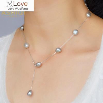 Ashiqi Real S925 כסף סטרלינג טבעי שרשרת תליון פנינת מים מתוקים אפור לבן 8 -9 מ"מ תכשיטי בארוק לנשים