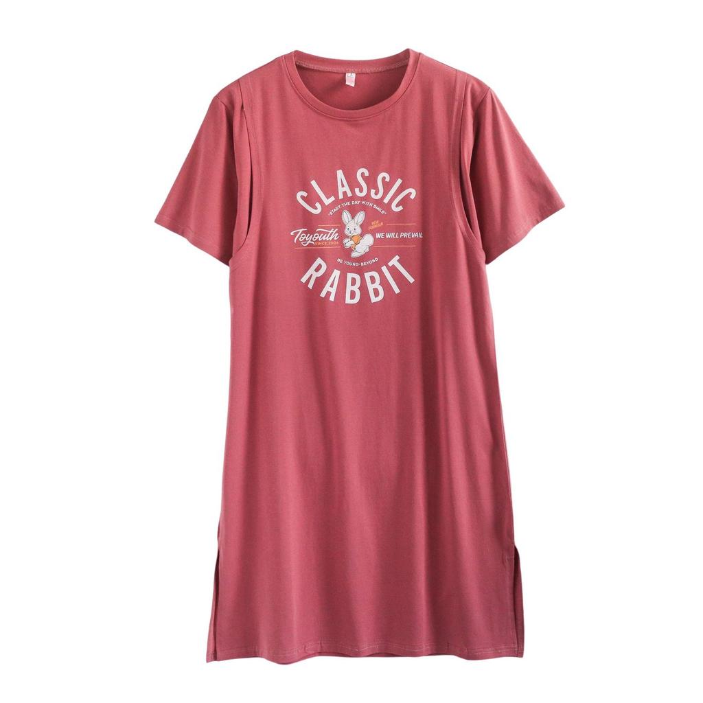 Pure Cotton Short Sleeve Breastfeeding Dress - Mid-Length Maternity/Postpartum Nightdress for Hot Mom Style