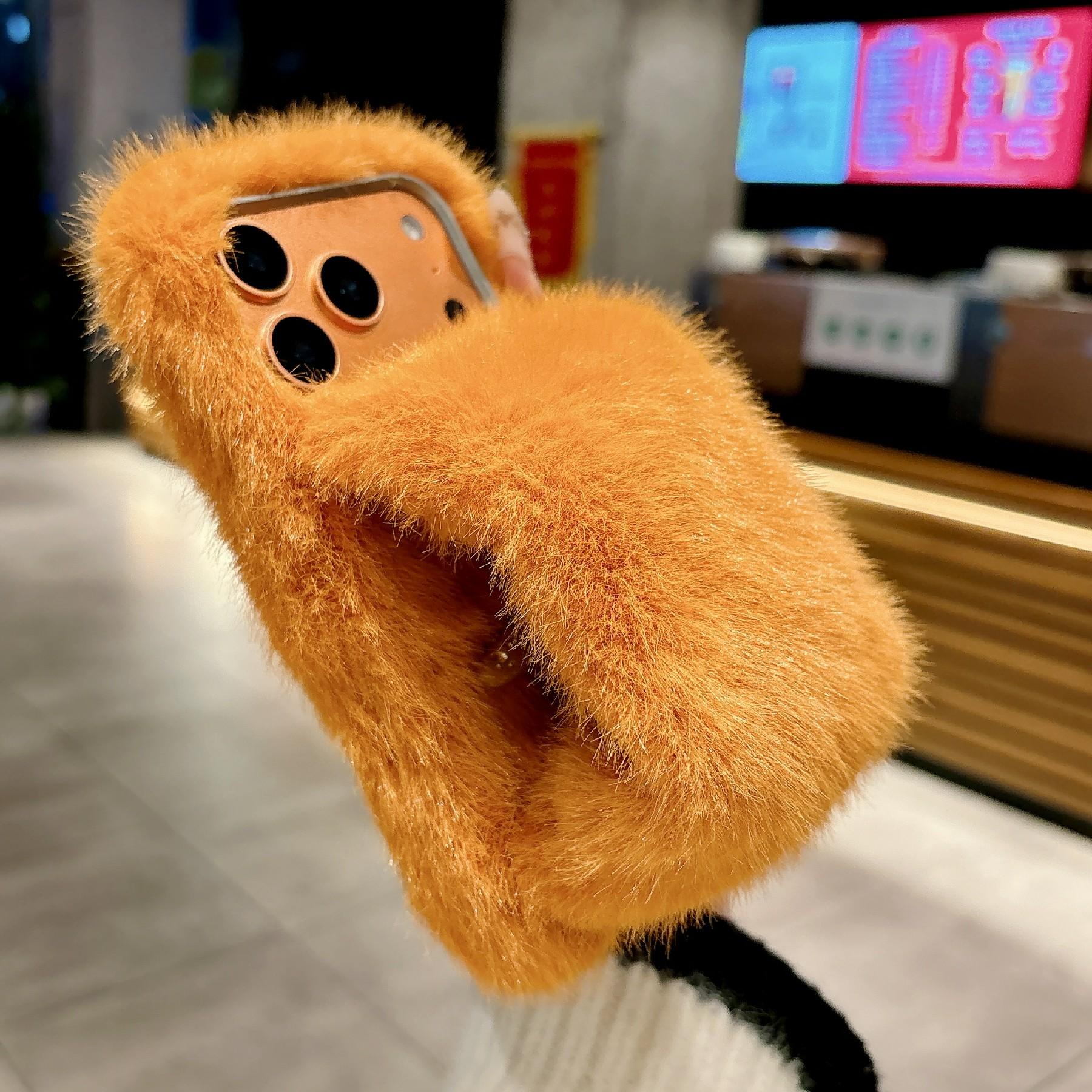 For iPhone 17 Pro Solid Color Fluffy Phone Case Winter Warm Hand Strap TPU Cover