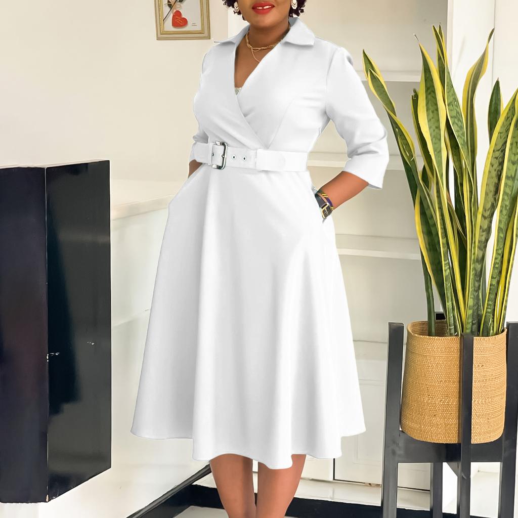 Large size women's clothing autumn new lapel fashion temperament solid color large skirt dress