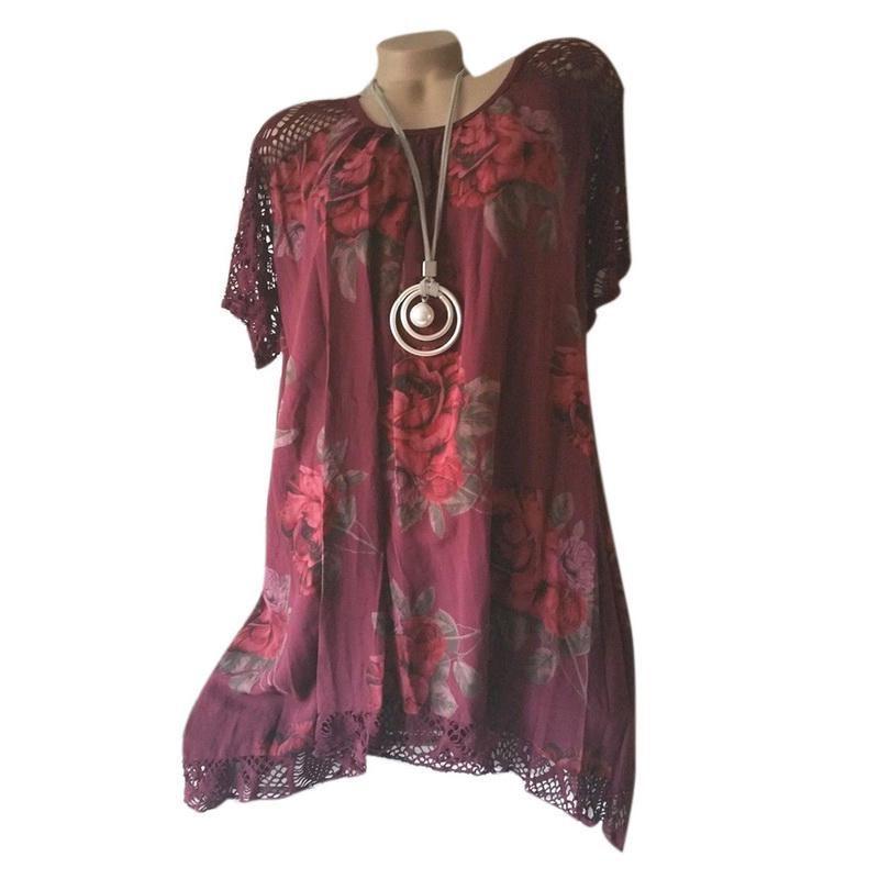 Women's Fashion Oversize Lace Patchwork Blouse With Elegant Floral Print Short Sleeve