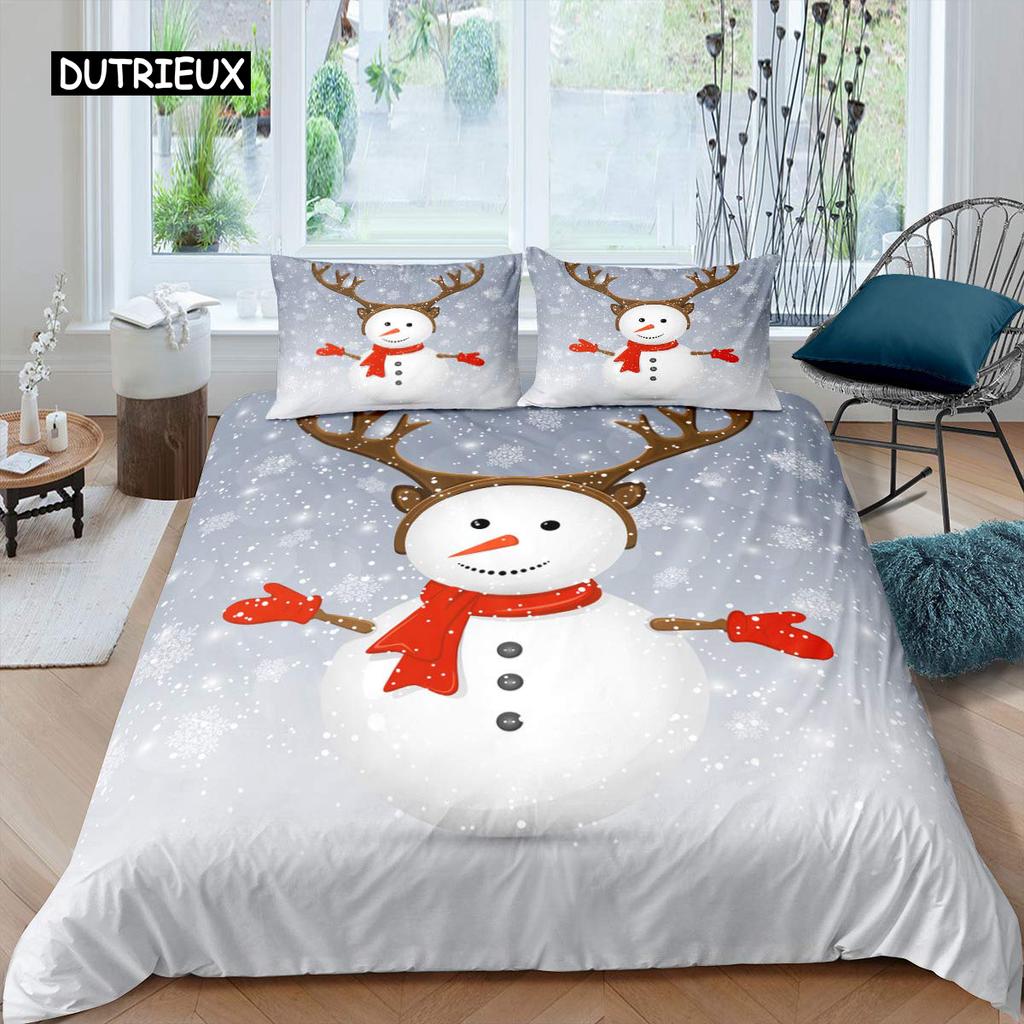 Schneemann Bettbezug Set Kinder Mädchen Weihnachten Bettdeckenbezug Winter Schnee Bettwäsche Set Neujahr Cartoon Stil Polyester Steppdeckenbezug
