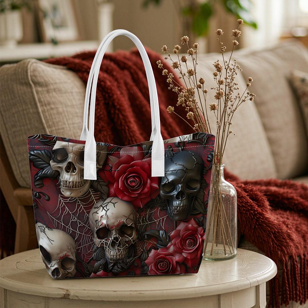 Gothic Skull Rose Tote Bag Stylish Casual Daily Carry Handbag Unique Alternative Design Shoulder Purse for Streetwear