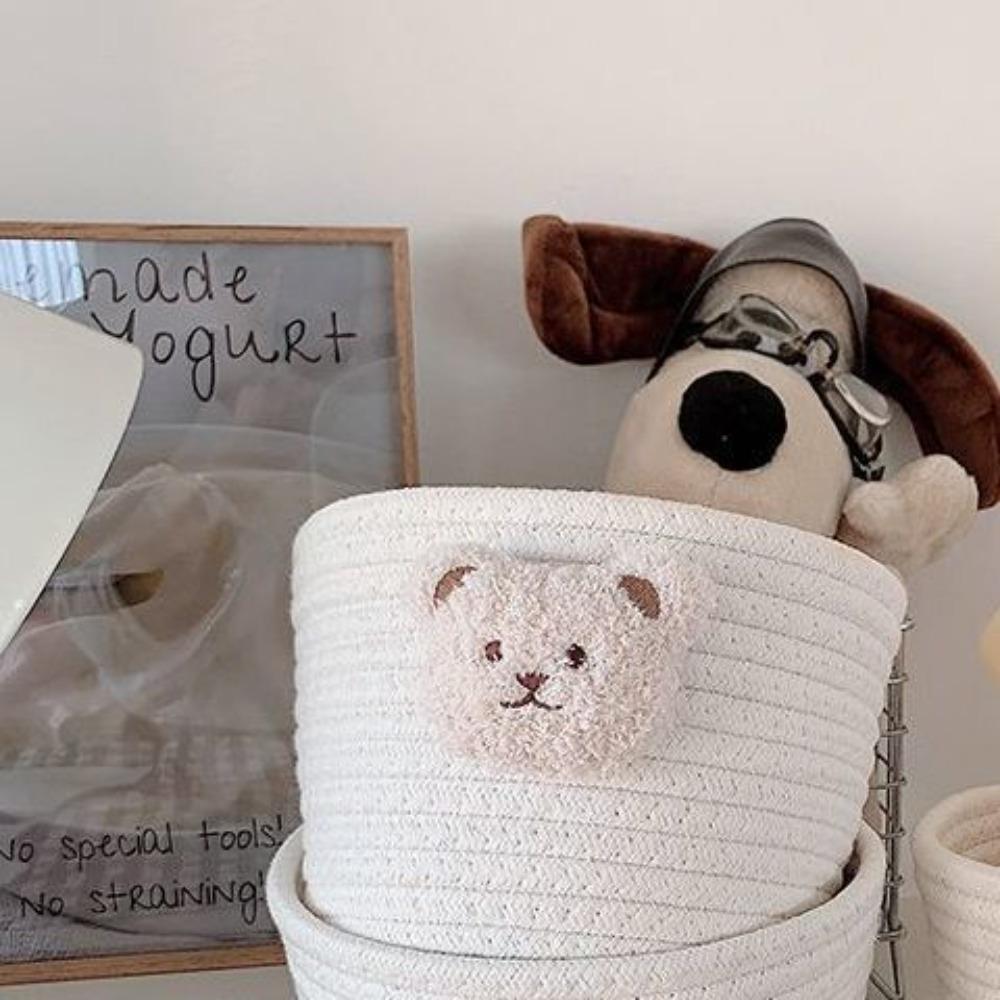 1 PC Cute Woven Rope Storage Basket with Plush Bear Design - Multi Purpose Desktop Storage Box, Modern Style, Rack Basket