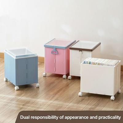 Plastic Book Organizer Foldable with Wheels Stationery Storage Box with Lid Large Capacity Movable Bookshelf Data Storage