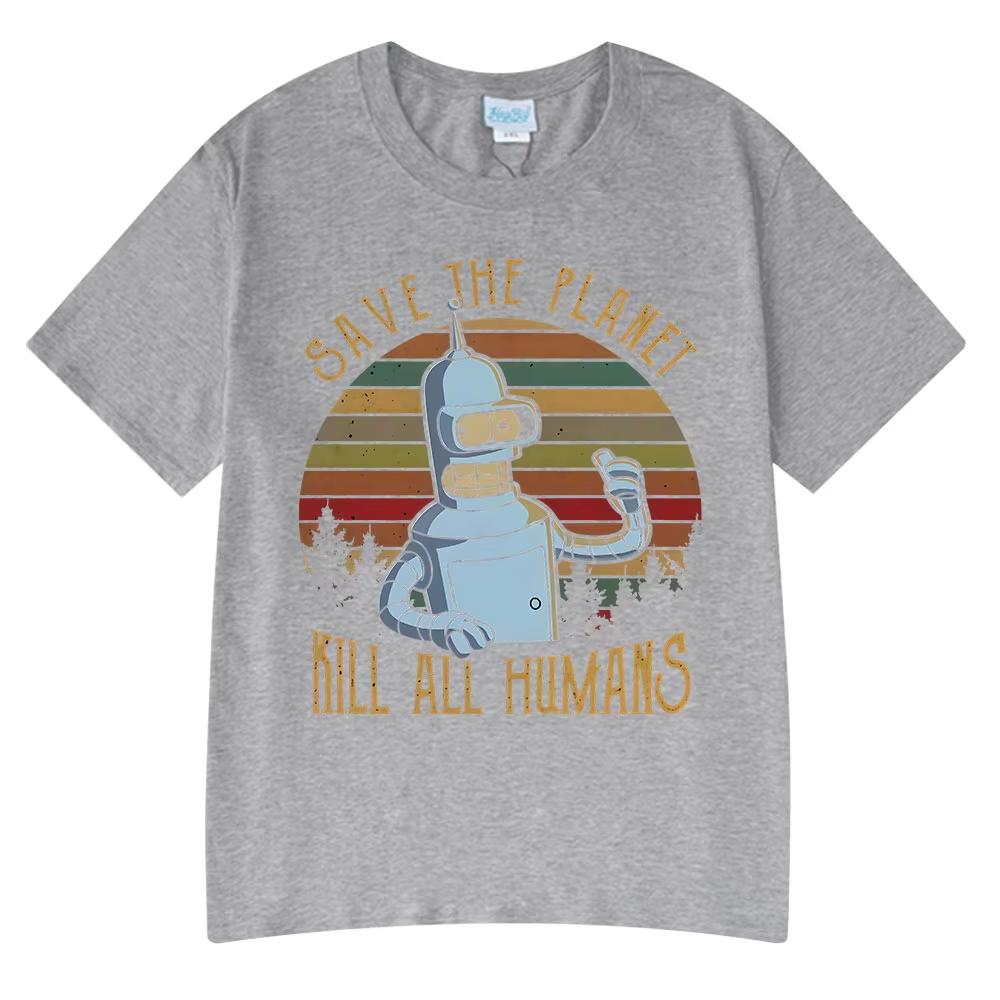 Save The Planet Kill All Humans Funny Robot Graphic T Shirt Men Women Clothing Short Sleeve T-shirts Oversized Cotton Shirts