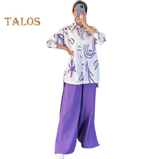 2 Pcs/Set Women Shirt Pants Set Long Sleeves Printed Lapel Collar Chest Pocket Single-breasted Blouse Stretchy Waist Side Split Pants Set Casual