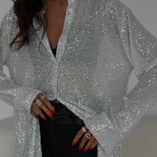 Damen Hemd Revers Langarm Glänzende Pailletten Hemd Oberteile Locker Sitzend Verdeckte Knopfleiste Cardigan Hemd Nachtclub Party Kleidung