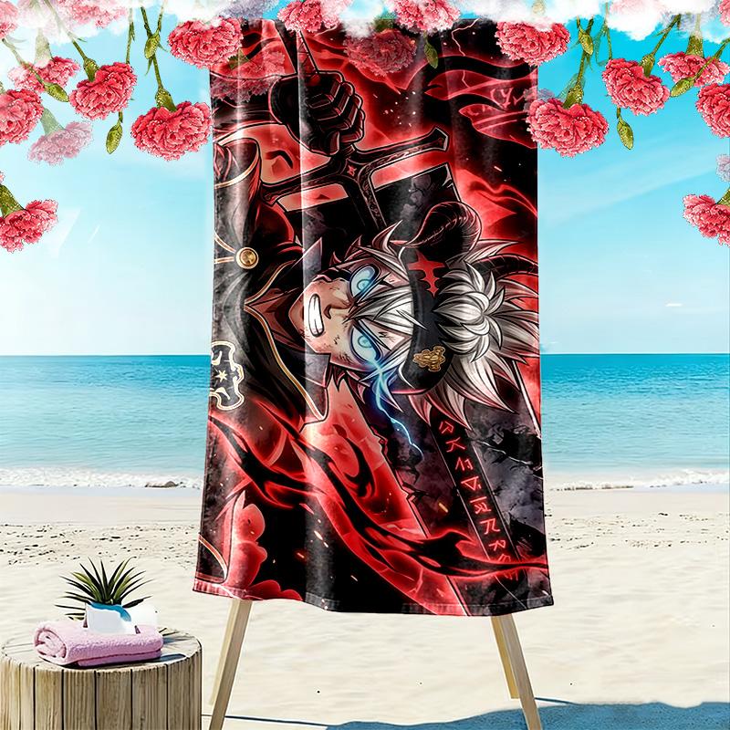 Black Clover Print Beach Towel, Large Soft Quick Dry Towel for Beach Camping Swimming