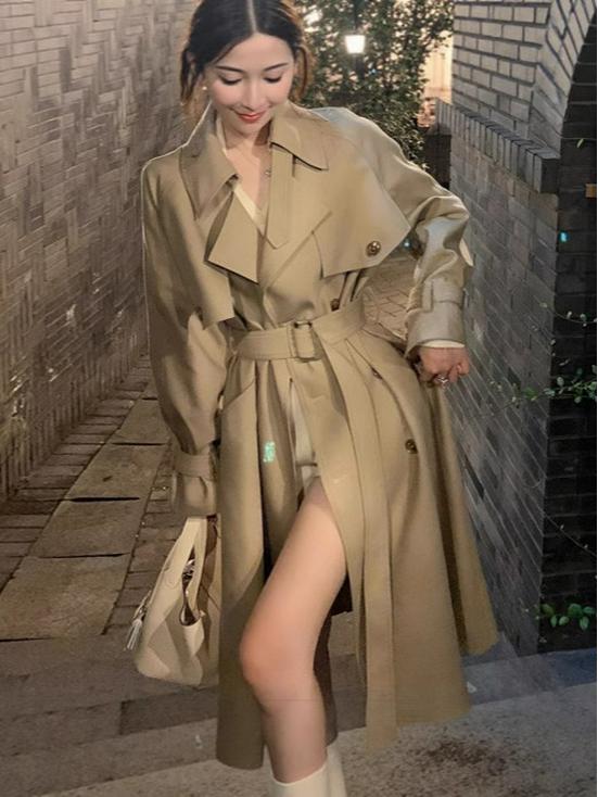 

Khaki Women s Double-Breasted Trench Coat - Petite Korean & British Style, Autumn 2025 Trend M