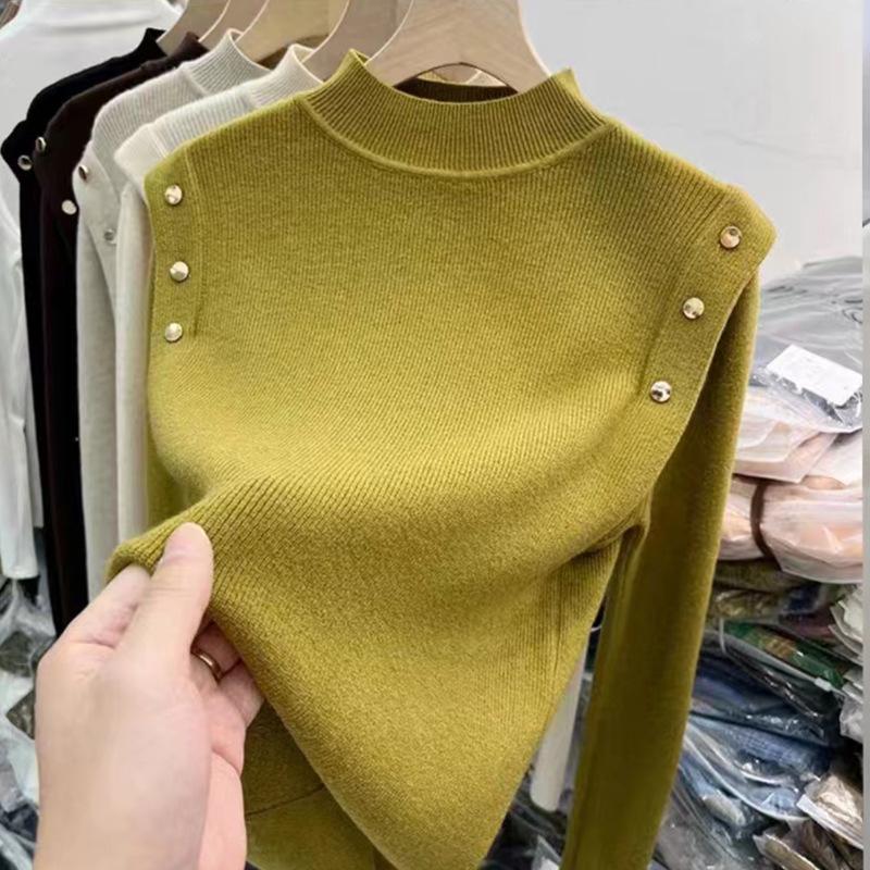 

Temperament simple casual semi-turtleneck shoulder buckle design autumn and winter new solid color thin thick bottoming shirt One size