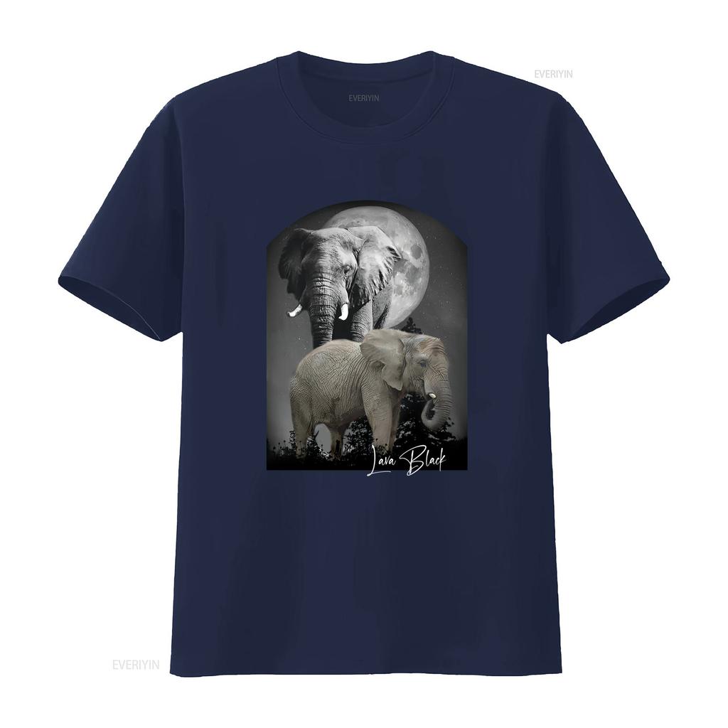 Realistic Dark Night Moon Elephant Family Wildlife Print Casual T Shirt Vintage Graphic Soft Comfortable