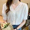 Camicetta estiva a maniche corte in pizzo con scollo a V, top da donna J179
